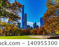 New York. NYC. Central Park. Fall cityscape in central park with autumn landscape seasonal nature having skyscraper cityscape 140955300