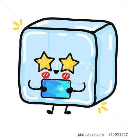 Cute Ice Cube Character With Smartphone Illustration Cute Ice Cube Character With Smartphone Illustration 140955427