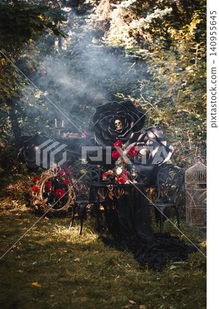 Haunted Garden Scene with Oversized Black Flowers and Red Roses Haunted Garden Scene with Oversized Black Flowers and Red Roses 140955645