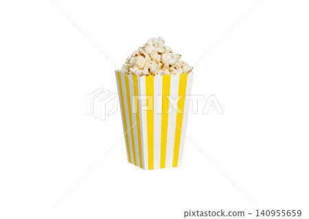 Vertical shot of popcorn tub isolated on white. Striped cardboard cup filled with fluffy popcorn. 140955659