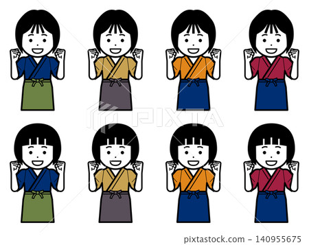 Icon of a woman in a samue (traditional Japanese work clothing) and apron making a victory pose. Icon of a woman in a samue (traditional Japanese work clothing) and apron making a victory pose. 140955675