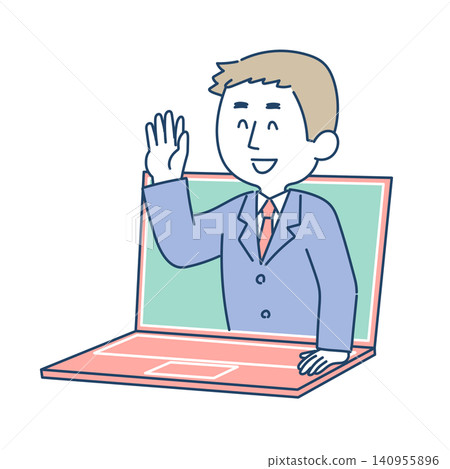 Illustration of a man in a remote meeting jumping out of a laptop. Illustration of a man in a remote meeting jumping out of a laptop. 140955896