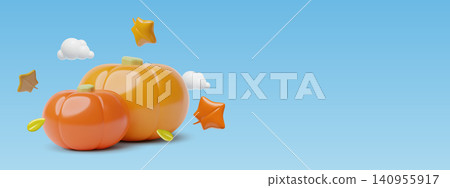 Autumn pumpkins and leaves 3d realistic background on blue sky for thanksgiving and harvest festival Autumn pumpkins and leaves 3d realistic background on blue sky for thanksgiving and harvest festival 140955917