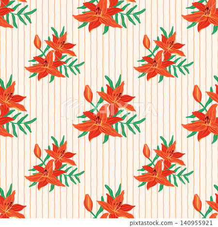 Orange lily seamless pattern vector illustration. Blooming tiger lily bouquets with buds and leaves on cream peach striped background. Vibrant botanical repeat tile design for fabrics, wallpaper Orange lily seamless pattern vector illustration. Blooming tiger lily bouquets with buds and leaves on cream peach striped background. Vibrant botanical repeat tile design for fabrics, wallpaper 140955921