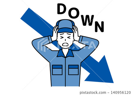 A downward-pointing arrow and a man in overalls with his head in his hands, looking troubled. A downward-pointing arrow and a man in overalls with his head in his hands, looking troubled. 140956120
