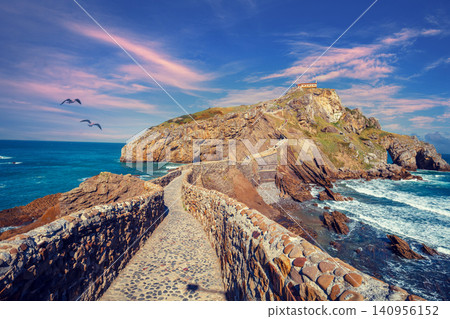 Bridge to island Gaztelugatxe, Bermeo, Basque Country, Spain, Europe 140956152