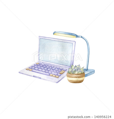 Laptop, desk lamp and potted succulent watercolor isolated illustration. Hand drawn clipart featuring a cozy workspace for Back to School designs, educational material and freelance project Laptop, desk lamp and potted succulent watercolor isolated illustration. Hand drawn clipart featuring a cozy workspace for Back to School designs, educational material and freelance project 140956224
