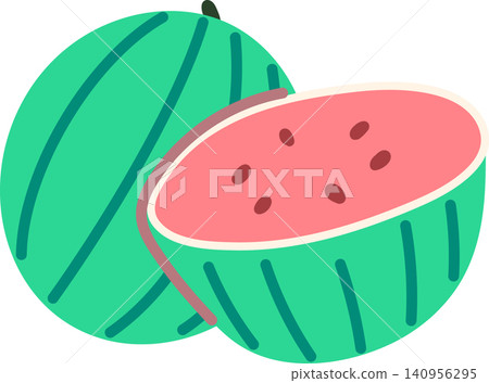Cute Flat Vector Watermelon with Half Cut Slice and Seeds Cute Flat Vector Watermelon with Half Cut Slice and Seeds 140956295