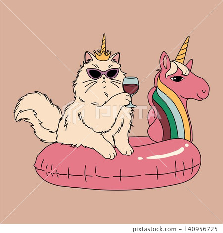 Cat sits on a pink float with a glass of drink next to a unicorn on a plain background Cat sits on a pink float with a glass of drink next to a unicorn on a plain background 140956725
