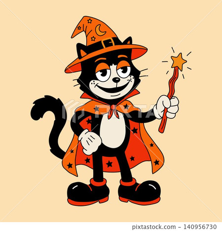 Retro Halloween Black Cat Wizard Mascot Illustration 140956730