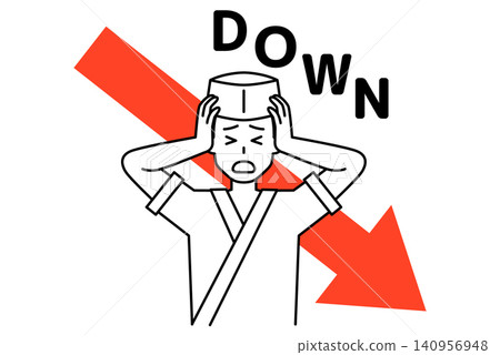 A downward-pointing arrow and a male waiter at a Japanese restaurant, looking troubled. A downward-pointing arrow and a male waiter at a Japanese restaurant, looking troubled. 140956948