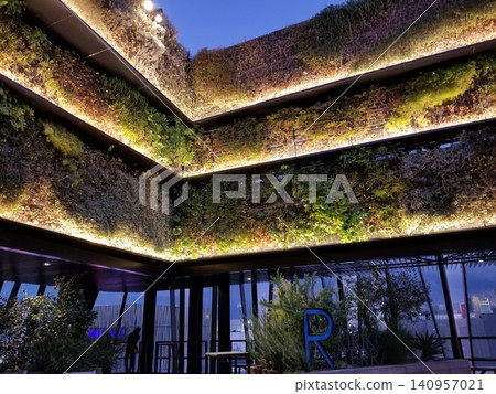 A rooftop garden in Ginza as night falls. A rooftop garden in Ginza as night falls. 140957021