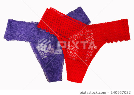 A pair of red and purple lace women's panties on a transparent background. Elegant lace lingerie with a floral pattern and romantic design, perfect for fashion, beauty, and intimate settings A pair of red and purple lace women's panties on a transparent background. Elegant lace lingerie with a floral pattern and romantic design, perfect for fashion, beauty, and intimate settings 140957022