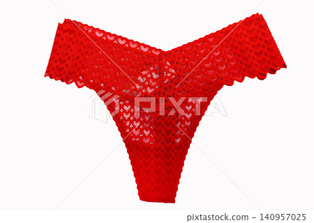 Red lace women's panties isolated on white background. Elegant floral lace lingerie with romantic design, perfect for fashion, apparel, beauty, and intimate wear concepts 140957025