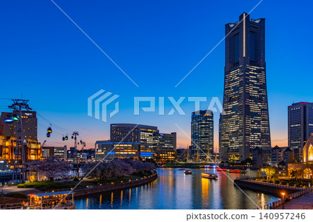 [Kanagawa Prefecture] Cherry blossoms in bloom in Yokohama Minato Mirai - Night view 140957246