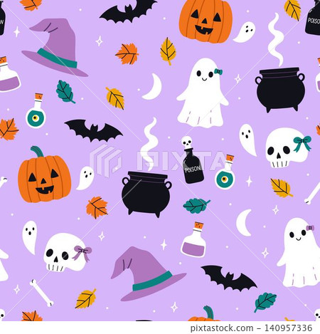Seamless pattern with cute Halloween items. Vector graphics. Seamless pattern with cute Halloween items. Vector graphics. 140957336