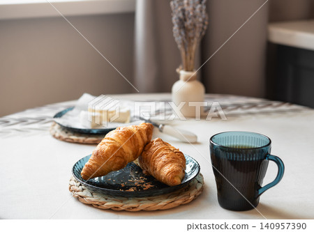 French breakfast with croissants, coffee and soft cheese French breakfast with croissants, coffee and soft cheese 140957390