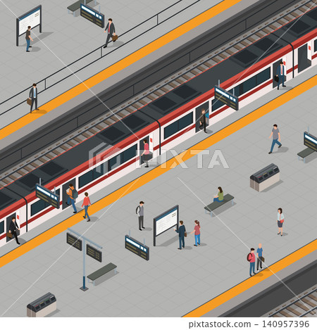 Metro train station platform with passengers, urban public transportation Metro train station platform with passengers, urban public transportation 140957396