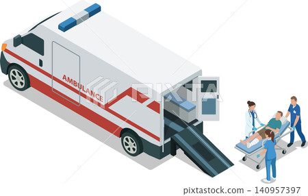 Paramedic staff transporting patient on stretcher to ambulance Paramedic staff transporting patient on stretcher to ambulance 140957397