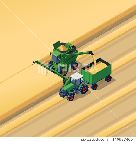 Combine harvester harvesting and transferring harvest into a tractor 140957400