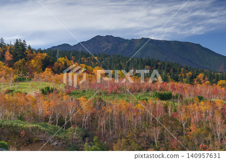 A spectacular view of Mount Furano and vibrant autumn foliage from the Tokachidake walking trail in Biei and Kamifurano, Hokkaido. A spectacular view of Mount Furano and vibrant autumn foliage from the Tokachidake walking trail in Biei and Kamifurano, Hokkaido. 140957631