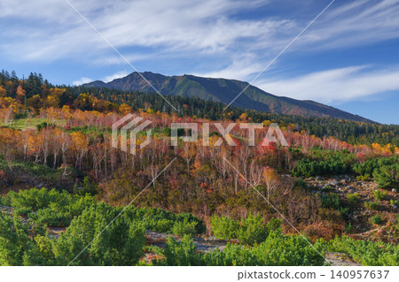 A spectacular view of Mount Furano and vibrant autumn foliage from the Tokachidake walking trail in Biei and Kamifurano, Hokkaido. A spectacular view of Mount Furano and vibrant autumn foliage from the Tokachidake walking trail in Biei and Kamifurano, Hokkaido. 140957637