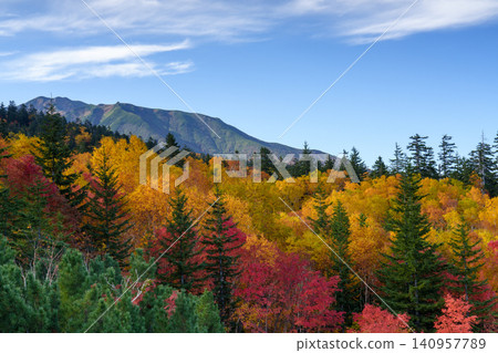 Vibrant autumn foliage and mountain scenery around Fukiage Onsen in Kamifurano, Hokkaido: A spectacular autumn landscape and tourist attraction. Vibrant autumn foliage and mountain scenery around Fukiage Onsen in Kamifurano, Hokkaido: A spectacular autumn landscape and tourist attraction. 140957789