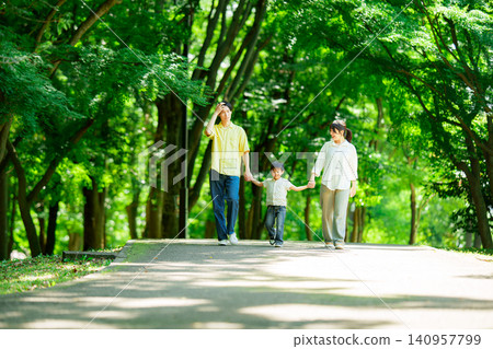 A family of three walking hand in hand in the park. A family of three walking hand in hand in the park. 140957799