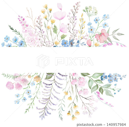 Watercolor floral frame with pastel wildflowers, isolated floral illustration for wedding stationery Watercolor floral frame with pastel wildflowers, isolated floral illustration for wedding stationery 140957984
