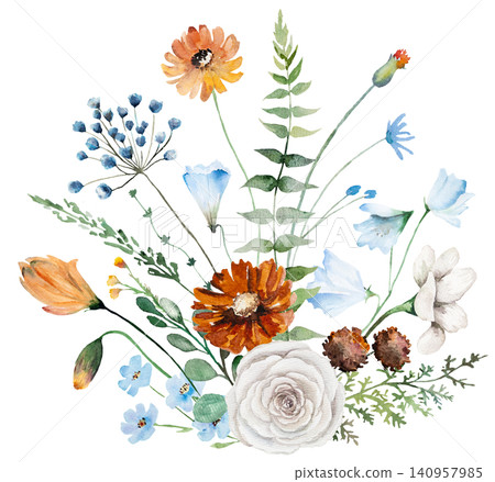Watercolor bouquet with blue, ivory and orange wildflowers, rustic isolated illustration for stationery Watercolor bouquet with blue, ivory and orange wildflowers, rustic isolated illustration for stationery 140957985