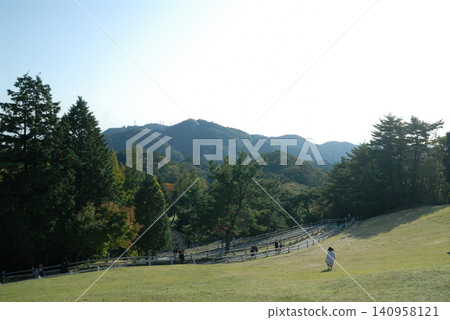 Open pasture at the foot of a mountain on a sunny day 140958121