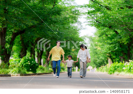 A family of three walking hand in hand in the park. 140958171