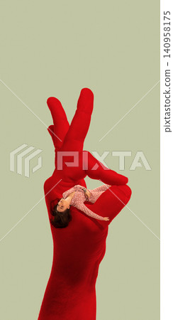 Woman resting inside giant red hand showing peace sign. Woman resting inside giant red hand showing peace sign. 140958175