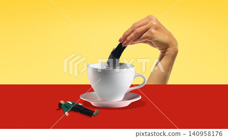 Giant hand dipping tiny person into coffee cup on bright surreal set. 140958176