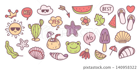 Cute Summer Doodle Set. Sun, Watermelon, Cactus, Frog, Seashell, Starfish, Fruits and Flowers, Cocktail, Popsicle, Flip Flops and Tropical Elements. Isolated Colored Hand Drawn. Vector Illustration. Cute Summer Doodle Set. Sun, Watermelon, Cactus, Frog, Seashell, Starfish, Fruits and Flowers, Cocktail, Popsicle, Flip Flops and Tropical Elements. Isolated Colored Hand Drawn. Vector Illustration. 140958322