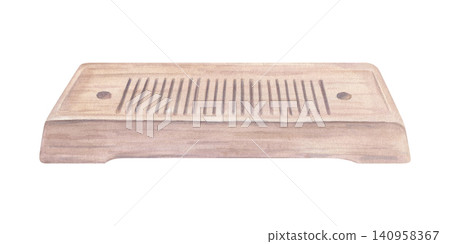 Traditional wooden tea tray for Chinese tea ceremony. Brown chaban board with drainage grooves watercolor illustration on isolated background. Hand painted element for drink. serving in oriental style Traditional wooden tea tray for Chinese tea ceremony. Brown chaban board with drainage grooves watercolor illustration on isolated background. Hand painted element for drink. serving in oriental style 140958367