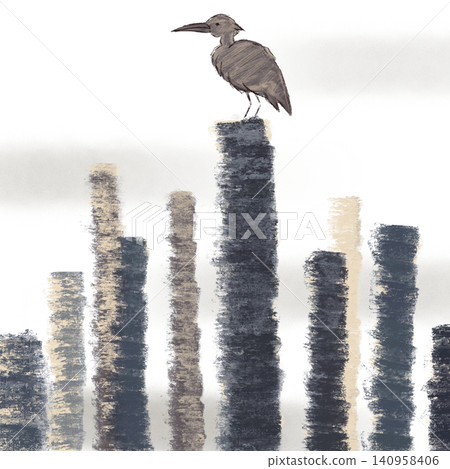 A hand-drawn illustration of a bird perched on the stump of a felled tree. A hand-drawn illustration of a bird perched on the stump of a felled tree. 140958406