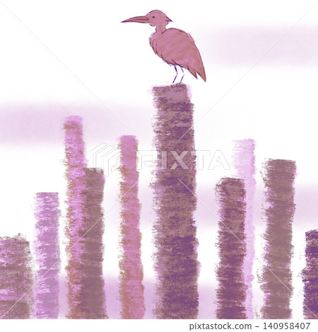 A hand-drawn illustration of a bird perched on the stump of a felled tree. A hand-drawn illustration of a bird perched on the stump of a felled tree. 140958407