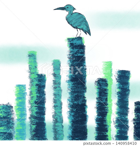 A hand-drawn illustration of a bird perched on the stump of a felled tree. A hand-drawn illustration of a bird perched on the stump of a felled tree. 140958410