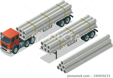 Semi truck carrying concrete pipes on flatbed trailer Semi truck carrying concrete pipes on flatbed trailer 140959233