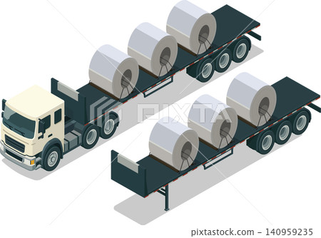 Semi truck carrying steel coil on flatbed trailer Semi truck carrying steel coil on flatbed trailer 140959235