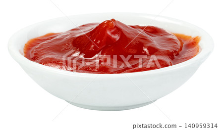 Small white ceramic bowl filled with red tomato ketchup sauce, isolated. Thick and glossy condiment perfect for dipping snacks and fast food. Professional studio macro shot. Small white ceramic bowl filled with red tomato ketchup sauce, isolated. Thick and glossy condiment perfect for dipping snacks and fast food. Professional studio macro shot. 140959314