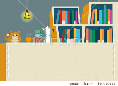 Includes space for text! A heartwarming and soothing cafe-style frame illustration background featuring a cat and a bookshelf. Includes space for text! A heartwarming and soothing cafe-style frame illustration background featuring a cat and a bookshelf. 140959455