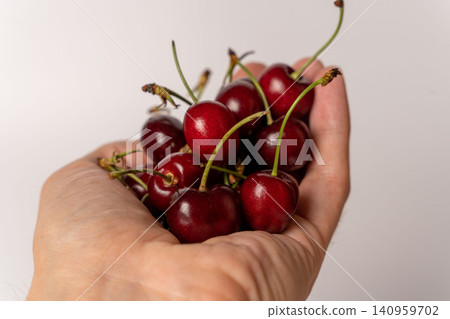 Hand holding fresh cherries on a white background ready for eating or cooking Hand holding fresh cherries on a white background ready for eating or cooking 140959702