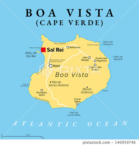 Boa Vista, an island in Cape Verde (Cabo Verde), political map. Desert-like island in the Atlantic, nicknamed Ilha das Dunas, with capital Sal Rei. Known for its white sand beaches and turtles. Vector Boa Vista, an island in Cape Verde (Cabo Verde), political map. Desert-like island in the Atlantic, nicknamed Ilha das Dunas, with capital Sal Rei. Known for its white sand beaches and turtles. Vector 140959746