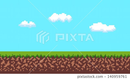 Pixel art landscape with green grass blue sky and clouds. Retro game background. Pixel art landscape with green grass blue sky and clouds. Retro game background. 140959761