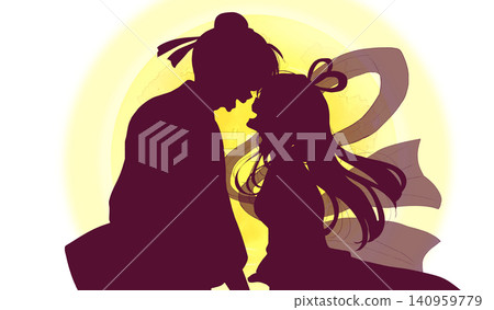 Image of Orihime and Hikoboshi facing each other, on the moon in silhouette. 140959779