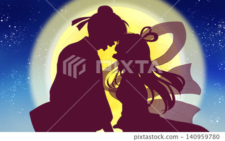 Image of Orihime and Hikoboshi facing each other: Starry sky, moon, silhouette Image of Orihime and Hikoboshi facing each other: Starry sky, moon, silhouette 140959780
