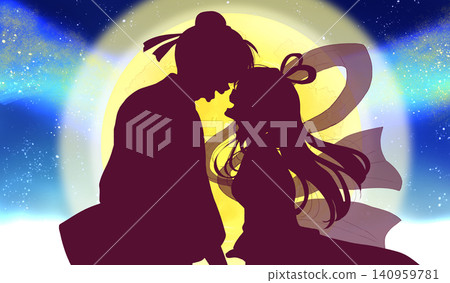 Image of Orihime and Hikoboshi facing each other: starry sky, Milky Way, moon, silhouette 140959781