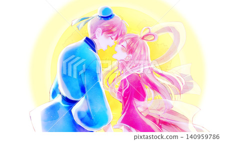 織姬和牛郎面對面的畫面 - 月亮 140959786